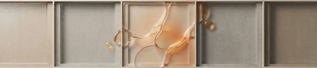 architectural grid with controlled amber liquid flow and small droplets